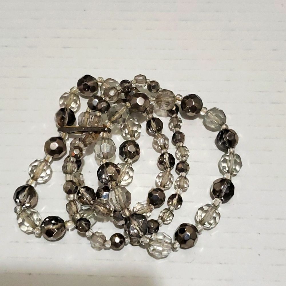 Vintage 4-Strand Smokey Gray Glass Faceted Stretch Bead Bracelet
